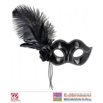 MASCHERA VENEZIA NERO LUCIDO CON ROSA, PERLINE E PIUME - 03889