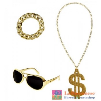 RAPPER (OCCHIALI DA SOLE ORO, COLLANA DOLLARO ORO GLITTER, BRACCIALETTO ORO) - 07798