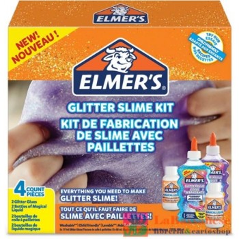 ELMER'S GLITTER SLIME KIT : CONTENENTE 2 FLACONI DI COLLA GLITTERATA BLU E VIOLA DA 177 ML + 2 FLACONI DI MAGICAL LIQUID DA 68 M