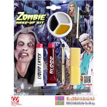 KIT MAKE-UP ZOMBIE (LATTICE LIQUIDO 10 ML, SANGUE 10 ML, MATITA NERA & GRIGIA 4,8 ML, VASCHETTA MAKEUP TRICOLORE 4,5 ML, APPLICA