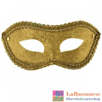 MASCHERA ORO IN PLASTICA CON GLITTER IN BUSTA C/CAV. - 747